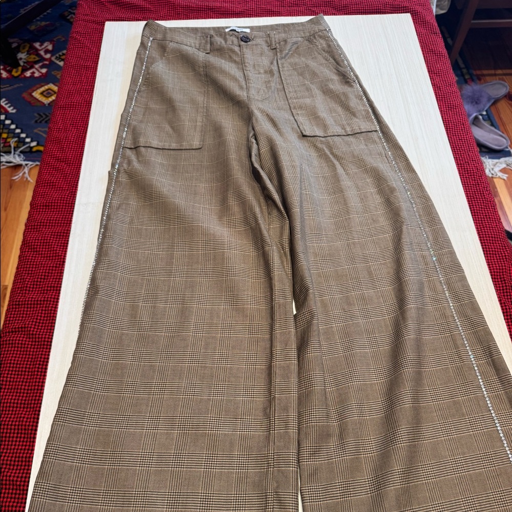 Ganni plaid brown work pants with sparkle detail